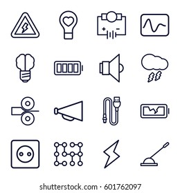 electricity icons set. Set of 16 electricity outline icons such as plug socket, megaphone, bulb heart, arm lever, wire, ful battery, broken battery, lamp, thunderstorm