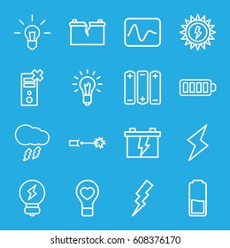 Electricity icons set. set of 16 electricity outline icons such as flash, battery, bulb heart, baterry, light bulb, thunderstorm, broken battery, bulb, electric circuit