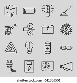 Electricity icons set. set of 16 electricity outline icons such as megaphone, arm lever, battery, low battery, plug, air conditioner, voltage warning, solar panel, paper press