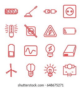 Electricity icons set. set of 16 electricity outline icons such as mill, plug socket, arm lever, battery, low battery, voltage warning, bulb, brain bulb, no plug