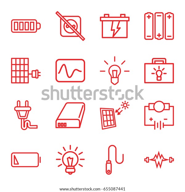 Electricity icons set. set of 16 electricity outline\
icons such as battery, baterry, wire, low battery, plug, solar\
panel, bulb