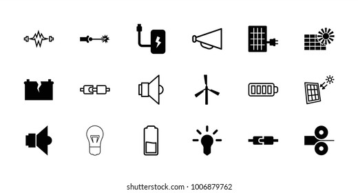 Electricity icons. set of 18 editable filled and outline electricity icons: mill, bulb, plug in power socket, lamp, broken battery, battery, electric circuit, solar panel