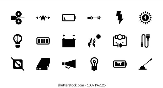 Electricity icons. set of 18 editable filled electricity icons: bulb, solar panel, no plug, arm lever, wire, battery, ful battery, electric circuit, paper press, flash