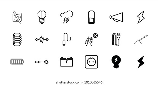 Electricity icons. set of 18 editable outline electricity icons: flash, bulb, megaphone, brain bulb, solar panel, electricity, wire, plug socket, broken battery, thunderstorm