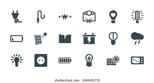 Electricity icons. set of 18 editable filled electricity icons: bulb, battery, brain bulb, wire, low battery, plug, thunderstorm, solar panel, broken battery, plug socket