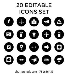 Electricity icons. set of 20 editable filled electricity icons such as flash, megaphone, no plug, bulb heart, bulb, baterry. best quality electricity elements in trendy style.