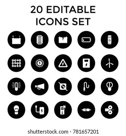 Electricity icons. set of 20 editable filled electricity icons such as mill, brain bulb, bulb, no plug, battery. best quality electricity elements in trendy style.