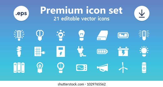 Electricity icons. set of 21 editable filled electricity icons includes mill, bulb, megaphone, battery, brain bulb, baterry, broken battery, plug, fluorescent lamp