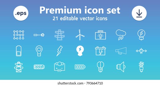 Electricity icons. set of 21 editable outline electricity icons includes bulb, mill, flash, battery, pylon, brain bulb, bulb heart, baterry, fluorescent lamp, lamp