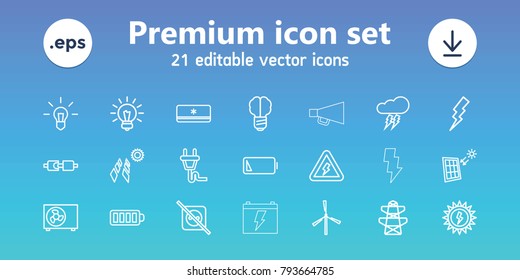 Electricity icons. set of 21 editable outline electricity icons includes mill, flash, pylon, brain bulb, solar panel, no plug, bulb, baterry, plug in power socket, low battery
