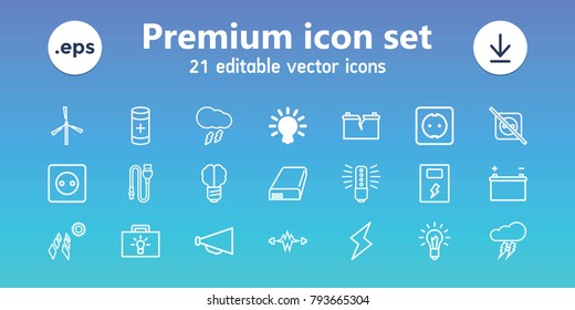 Electricity icons. set of 21 editable outline electricity icons includes bulb, mill, plug socket, megaphone, brain bulb, solar panel, no plug, electricity, battery, wire