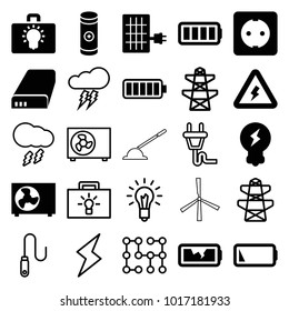 Electricity icons. set of 25 editable filled and outline electricity icons such as pylon, battery, ful battery, plug socket, air conditioner, voltage warning, bulb