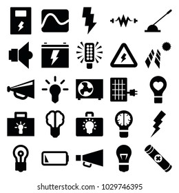 Electricity icons. set of 25 editable filled electricity icons such as flash, bulb, megaphone, brain bulb, solar panel, electricity, bulb heart, arm lever, low battery