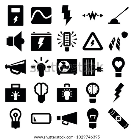 Electricity icons. set of 25 editable filled electricity icons such as flash, bulb, megaphone, brain bulb, solar panel, electricity, bulb heart, arm lever, low battery