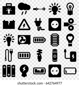 Electricity icons set. set of 25 electricity filled icons such as plug socket, bulb, bulb heart, baterry, battery, wire, ful battery, plug, air conditioner, light bulb