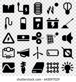 Electricity icons set. set of 25 electricity filled icons such as mill, megaphone, battery, arm lever, wire, low battery, air conditioner, fluorescent lamp, lamp