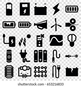 Electricity icons set. set of 25 electricity filled icons such as mill, megaphone, baterry, battery, wire, ful battery, broken battery, plug, flash, electric circuit