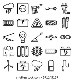 electricity icons set. Set of 25 electricity outline icons such as mill, plug socket, megaphone, battery, bulb heart, baterry, arm lever, wire, ful battery, plug, thunderstorm