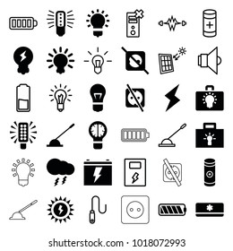 Electricity icons. set of 36 editable filled and outline electricity icons such as bulb, no plug, arm lever, battery, air conditioner, thunderstorm, flash, sun battery