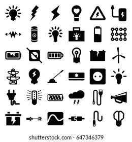 Electricity icons set. set of 36 electricity filled icons such as mill, plug socket, flash, bulb, megaphone, battery, pylon, bulb heart, baterry, arm lever, wire