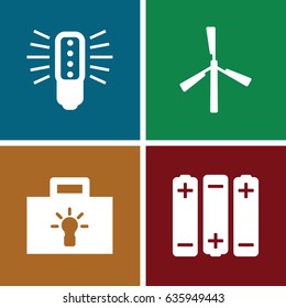 Electricity icons set. set of 4 electricity filled icons such as mill, battery