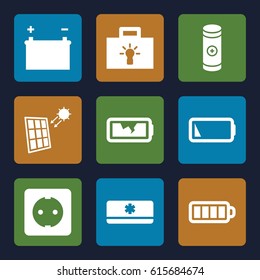 Electricity icons set. set of 9 electricity filled icons such as baterry, battery, low battery, broken battery, plug socket, air conditioner, solar panel