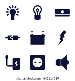 Electricity icons set. set of 9 electricity filled icons such as flash, bulb, plug socket, air conditioner, light bulb, lamp, battery