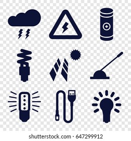 Electricity icons set. set of 9 electricity filled icons such as arm lever, battery, wire, light bulb, fluorescent lamp, voltage warning, thunderstorm, bulb