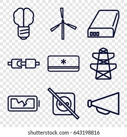 Electricity icons set. set of 9 electricity outline icons such as mill, megaphone, pylon, battery, broken battery, air conditioner, brain bulb, no plug