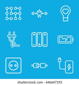 Electricity icons set. set of 9 electricity outline icons such as plug socket, bulb heart, broken battery, plug, battery, electric circuit, electricity