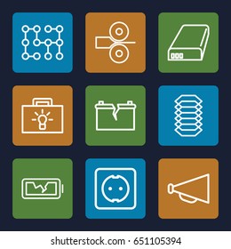 Electricity icons set. set of 9 electricity outline icons such as megaphone, battery, broken battery, plug socket, electric circuit, paper press