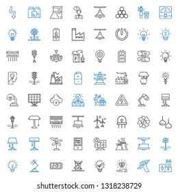 electricity icons set. Collection of electricity with industry, zeus, idea, renewable energy, windmill, battery, desk lamp, panels, lamp. Editable and scalable electricity icons.