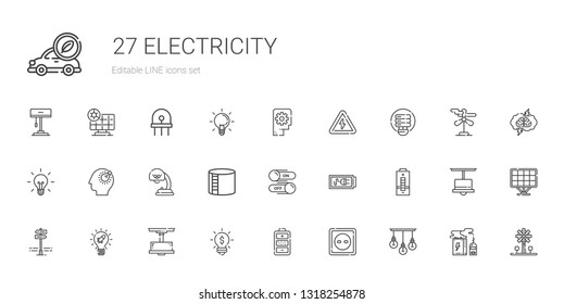 electricity icons set. Collection of electricity with lamp, socket, battery, idea, panels, switch, industry tank, bulb, light bulb, high voltage. Editable and scalable electricity icons.