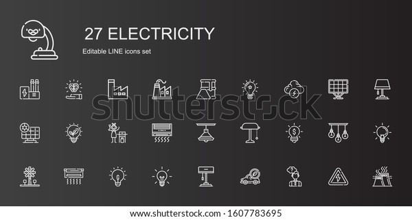 electricity icons set. Collection of electricity\
with thinking, electric car, lamp, idea, air conditioner, windmill,\
desk lamp, gas, renewable energy. Editable and scalable electricity\
icons.
