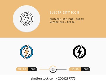 Iconos de electricidad establecen la ilustración del vector de trazo editable. Símbolo de recurso de energía. Estilo de línea de iconos en un fondo aislado para la aplicación móvil, el diseño web y la presentación.