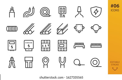 Electricity icons set. Set of electrical wire, hank of cable, pvc tubes, cable channel, junction box, electric box, electricity meter, terminal block connectors, wiring tools isolated vector icons