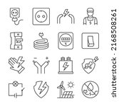 Electricity icons set. Electrician, installation, maintenance and repair of systems, circuit, equipment, linear icon collection. Line with editable stroke
