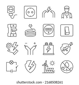 Electricity icons set. Electrician, installation, maintenance and repair of systems, circuit, equipment, linear icon collection. Line with editable stroke