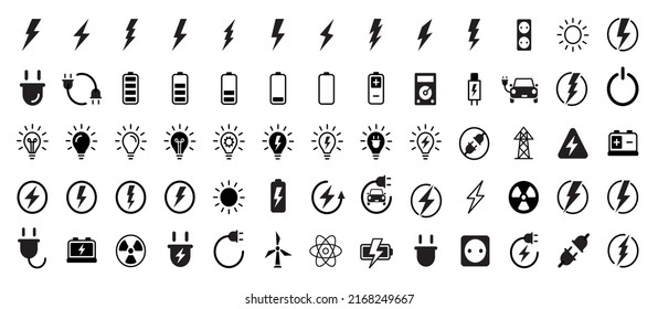 Electricity icons set. Set of green energy thin line icons. Power related icon set. Icons for renewable energy, green technology. Vector illustration