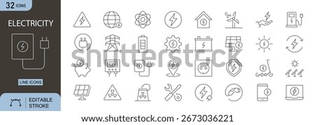 Electricity icons set. Includes icons for power, plug, socket, energy, lightbulb, high voltage, solar, battery, and electric tools. Editable stroke. Line icons. Perfect for infographics.