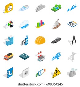 Electricity icons set. Isometric set of 25 electricity vector icons for web isolated on white background