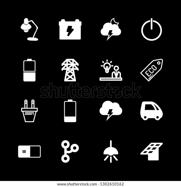 electricity icons set with lamp, solar panel\
and electrical storm at night vector\
set