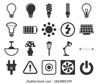 Electricity icons set. Set of light bulbs, lamps, socket, electrical plug, socket, american socket, switch, extension cord, led strip, fluorescent lamp, vector electrification icons. Vector illustrati