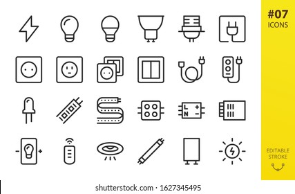 Electricity icons set. Set of lightbulb, lamp, bulb holder, electric plug, outlet, american socket, switch, extension cord, led strip, fluorescent tube light and starter, electrification vector icons