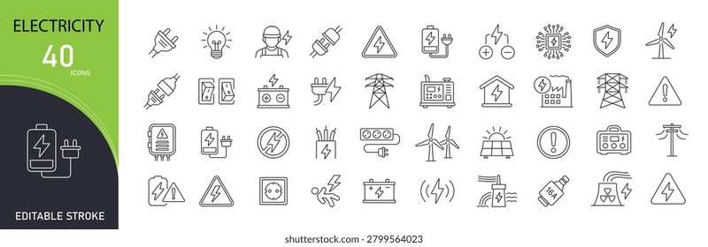 Electricity icons set representing power generation, energy supply, electrical systems, voltage, circuits, charging, lighting and industrial electric infrastructure. Editable Stroke.