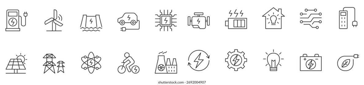 Ícones de eletricidade definidos no estilo de linha fina