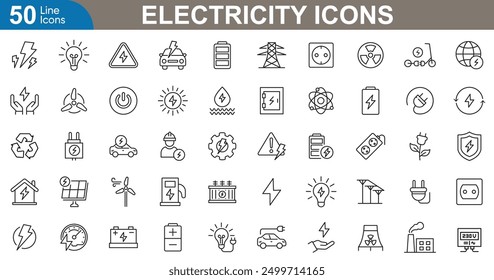 Electricity icons set vector illustration. Electric plug, light, bulb, power, button, battery, high, solar, lightning, wind and power lines.