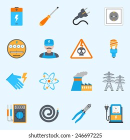 Electricity icons set with voltmeter wire screwdriver electrician warning sign isolated vector illustration