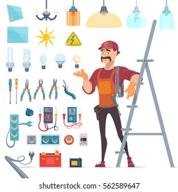 Electricity icons set with whiskered electrician and professional tools and equipment isolated vector illustration