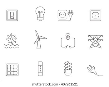 Electricity icons in thin outlines. 